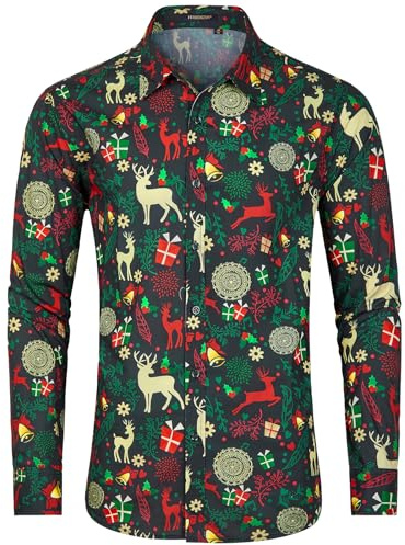 HISDERN Långärmad jultröja för män, rolig jultomte-skjorta, nyhet, festlig, julfest, skjorta med knäppning för jul, XL