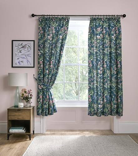 Dreams & Drapes - Teal Green Floral Bird Curtains (W66 x L72) - 2x Panels - Dark Green Pencil Pleat - Garden Bedroom Botanical Curtains