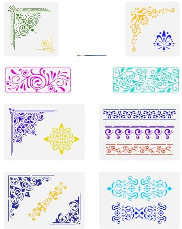 FINGERINSPIRE 8 plantillas de dibujo de esquina de borde marroquí con un pincel de pintura de 3 tamaños de mandala, plantilla de pintura para azulejos de suelo, plantilla de llave griega, flores y