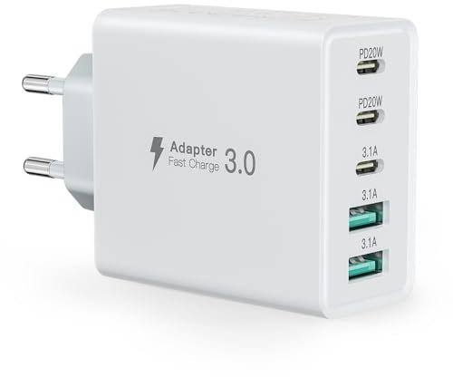 Caricatore USB C 50W,5-Porto Veloce Presa USB C Caricatore per iPhone 15,Multiplo Carica Spina Rapido Caricabatterie per iPhone 14/Pro Max/12/11/SE/XR/XS/8/iPad/Samsung S23/S22/S21