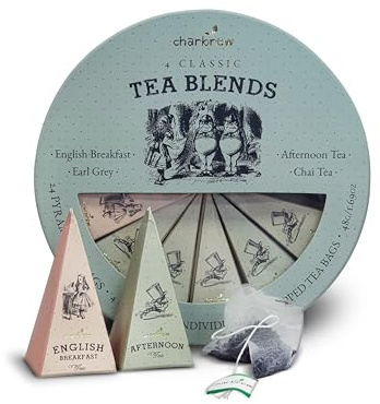 Charbrew Alice In Wonderland Circular Classic Tea Pyramid Assortment Gift Box - 24 Mesh Pyramid Teabags 4 Blends Including Afternoon Tea, Earl Grey, English Breakfast & Chai Set