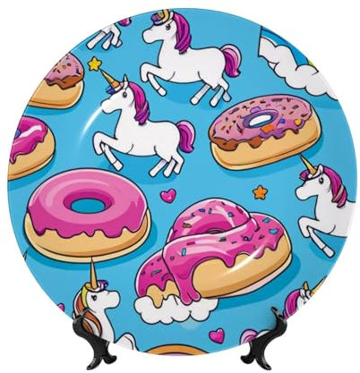 Gjgdbxdw Piatto decorativo in ceramica con stampa di unicorni, ciambelle arcobaleno, piatti in porcellana Bone China (porcellana), decorazioni con supporto verticale per decorazione da parete per casa