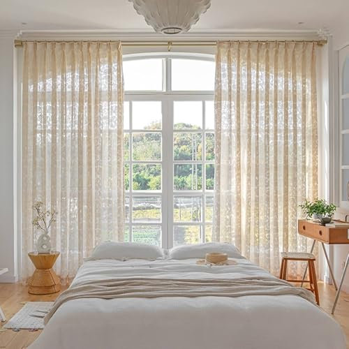 Wycian Vorhang Outdoor Ösenvorhang Creme Beige Voile 2er Pack Einfaches Muster H214 x B132 cm (2er Pack) Polyester