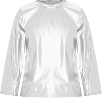 Fldy Kids Girls Boys Shiny Metallic Jazz Hip-hop Dance Tops Shirts Long Sleeve Performance Party Blouse Dancewear Silver 9-10 Years