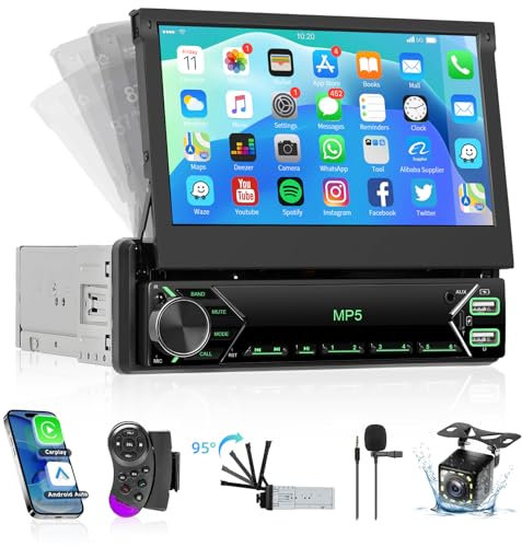 Hodozzy Single Din Touchscreen Car Stereo Wireless CarPlay Android Auto,7 inch Flip Out Bluetooth 1 Din Car Radio with SWC Mirror Link FM Radio USB-C EQ Colour Backlight Setting+Backup Camera