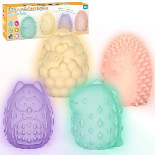 NYOBABE 4-Stück Dekompression Sensorik Spielzeug, 2 in 1 Tierisches Sensory Light mit 4 Texturen und Beruhigend Lichteffekten, Kinder Entspannungshilfen, Stressabbau Autismus Spielzeug für 3+ Kinder