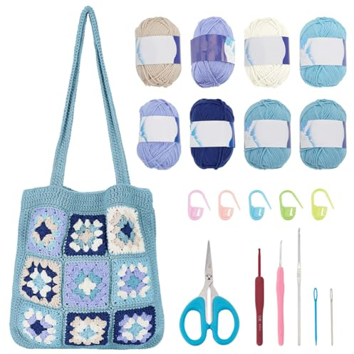 ORIGACH Häkel Tasche Set Für Anfänger, DIY Granny Square Tasche Starter Häkelset Für Erwachsene Mit Schritt Für Schritt Videoanleitung, Dunkelblau