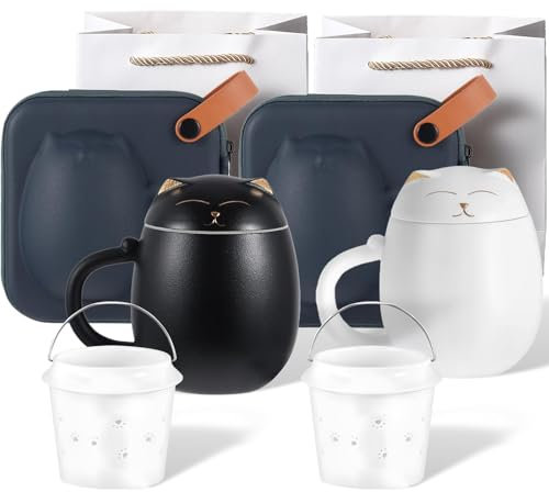 Set of 2 Ceramic Tea Mugs with Infuser and Lid, 12 oz/350ml Cute Cat Tea Cup with Ceramic Filter for Steeping Loose Leaf, Chinese Handmade Porcelain Teacup Gift for Travel Office Home (Black & White)