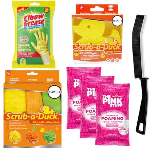 The Pink Stuff Miracle Toilet Cleaning Bundle - Includes 3 Sachets of The Pink Stuff Miracle Power Foaming Toilet Cleaner, Crevice Brush, Microfibre Cloths, Rubber Gloves (M) and Sponge