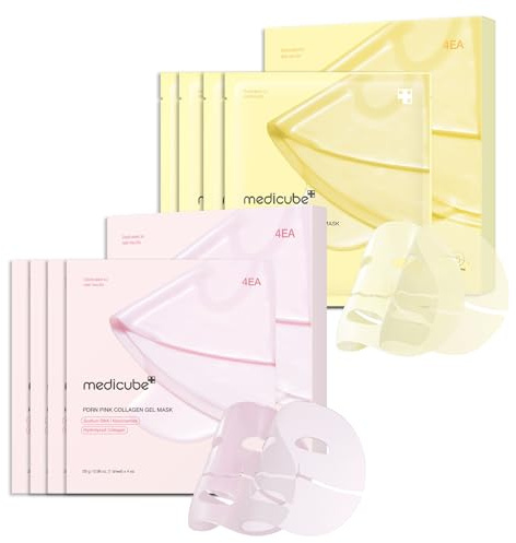 medicube Duo Masques Hydrogel Éclat Pour un Teint Uniforme & un Éclat Radieux: Masque Gel Rose PDRN & Collagène de Saumon (Lot de 4) et Masque Gel Doré à l'Acide Kojique & Curcuma (Lot de 4)