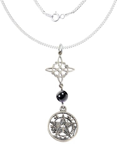 Only faith Collier nœud de sorcière avec tétragramme en argent sterling 925 italien, chaîne longue de 45 cm, amulette triple protection Saint Benoît