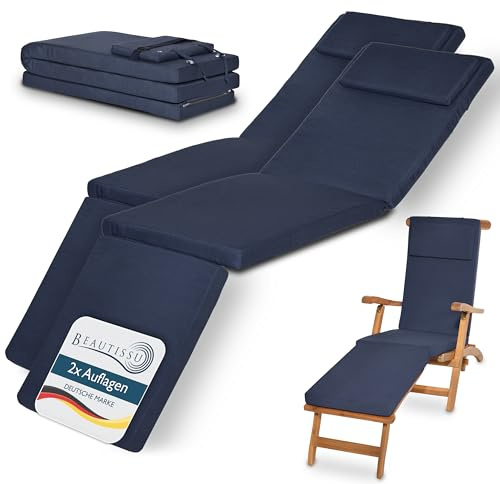 Beautissu 2er Set Deckchair Auflage Sonnenliege Bezug Abnehmbar | 175x45x5cm Dunkelblau Liegestuhl Gartenliege Polster Liegenauflage Gartenmöbel Kissen LoftLux DC