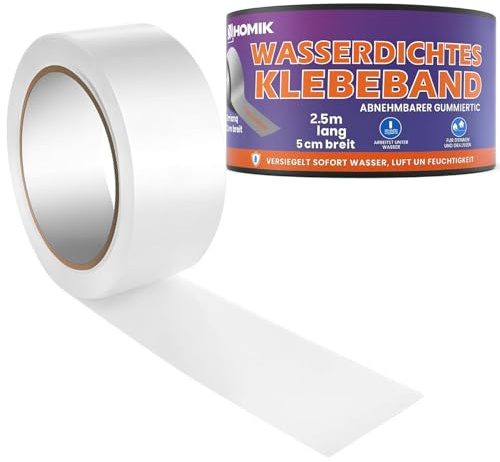 HOMIK Extremt stark vit vattentät tejp utomhus och inomhus | tätningstejp vattentät 5 cm x 2,5 m | UV-resistent | Duct Tape | självsvetsande tejp