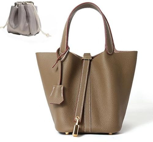 GKOKG Genuine Leather Purses And Handbags Lock Design Bucket Bag Vegetable Basket, Fashionable and Versatile Satchel Handbag 1