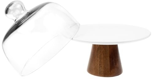 MOLUCKFU Alzata per Torta con Coperchio in Ceramica e Vetro Porta Dolci con Base in Legno Stabile Espositore per Cupcake e Dessert per Feste e Matrimoni
