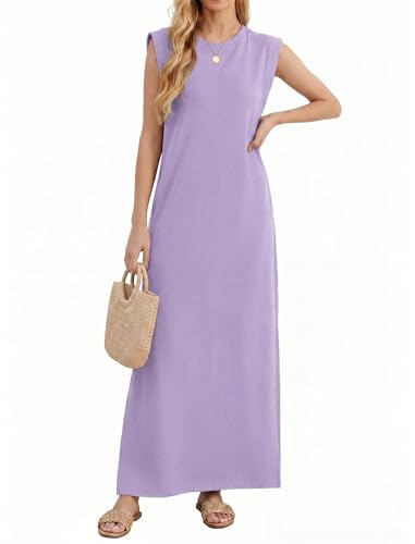 Enmain Vestido Largo Verano Mujer Sin Mangas Cuello Redondo con Bolsillos Laterales y Fisiones Vestidos Casual para Mujer Elástica Antiarrugas Informal Elegante Clásico Color Liso Tallas S-3XL