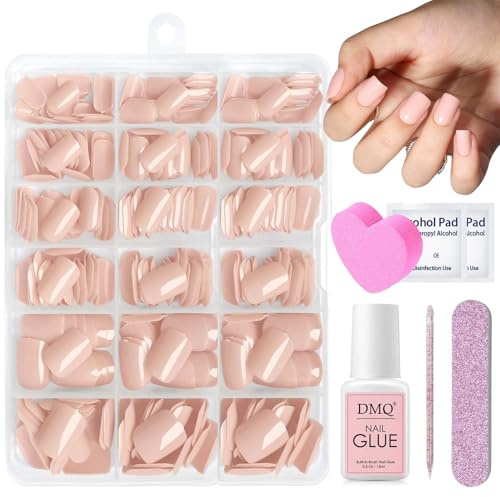 DMQ Nude Press on Short Set, 240Pcs Nude French False Nails Square, Glossy Natural Skin Tones Fake Nail, Full Cover Artificial Stick on Fingernails with Glue for Women Nail Art DIY
