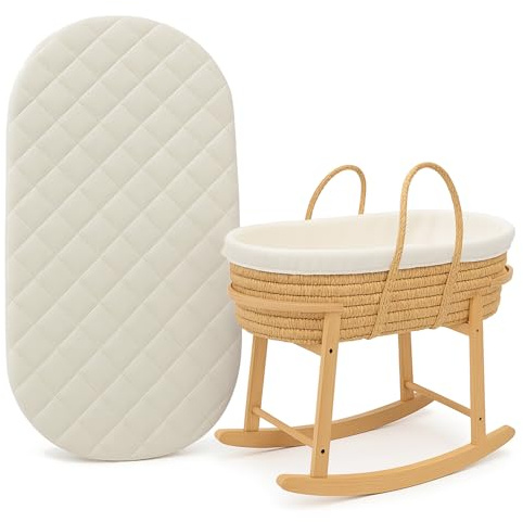 Gugro Super Soft Infant Moses Basket Mattress – Thick Oval Foam Design with Removable Quilted Zip Cover – Compatible with Many Baskets – Made in UK (66 x 30 cm)