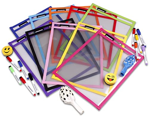 10 Hüllen Vordruck Wiederverwendbar A4 Papier | Dry Erase Pocket Groß 36x26cm | PET Ökologisch Recycelbar | 10 Farben,10 Marker,2 Löscher,2 Luftballons | Schulmaterial,Schule,Kindergarten,Spielzimmer