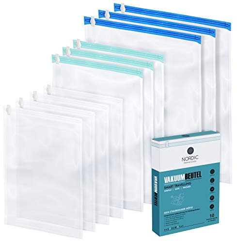NORDIC® Vakuumbeutel für Kleidung Reise - 10 Stück (S + M + L) - BPA Frei - Kompressionsbeutel - Vacuum bags for clothing travel - Vakuumbeutel für Koffer - Vakuum Reisebeutel zum Rollen