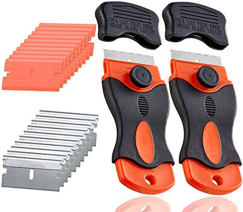 QitinDasen 2Pcs Premium 1.5 Rasoio Lama Raschietto, Raschietto Vetroceramica con 10Pcs Lama di Plastica e 10Pcs Lama di Acciaio, per la Rimozione di Colla, Vernice, Decalcomanie, Tinta