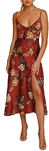 Fashionme Women Spaghetti Strap Midi Satin Dresses Tie Front Slit Cutout, Maroon, Medium