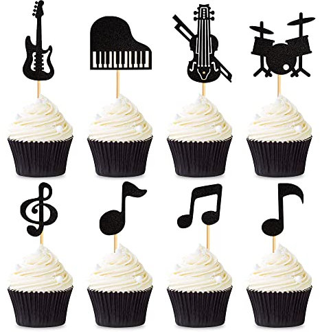 Unimall Global 24 Stück Glitzer Musik Cupcake Topper Musikinstrument Cupcake Topper Gitarre Klavier Violine Schlagzeug Kuchen Dekor Picks für Geburtstagsfeier Baby Shower Hochzeit Dekoration Zubehör