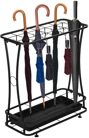MYOYAY Schirmständer Regenschirmständer Metall Regenschirmhalter Regenschirm Ständer mit Haken und Abnehmbarem Tropfablage für Heim und Büro, Schwarz, 55x24x60.5 cm