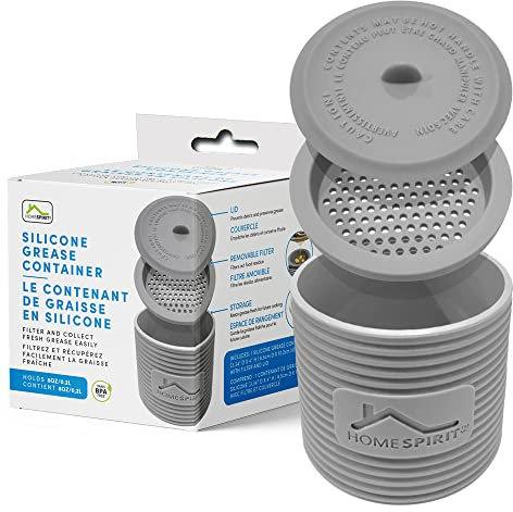 Home Spirit Bacon Grease Container by Northern Response, BPA-Free Reusable Food Grade Silicone Grease Container with Strainer for Storing Frying Oil and Cooking Grease, Dishwasher safe