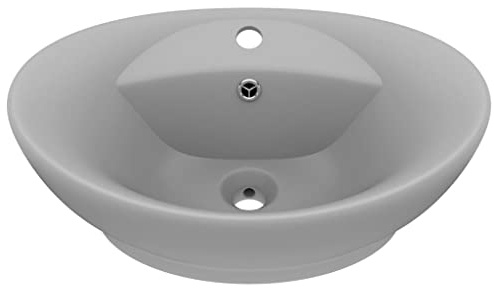 vidaXL Lavabo Lujoso Ovalado con Rebosadero Tocador Montado Encima Piedra Vasija Aseo Indoro Garaje Fácil de Limpiar Cerámica Gris Claro Mate