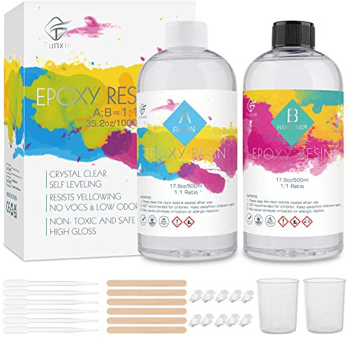 Funxim Epoxidharz set, 1000ml Clear Epoxidharz mit härter 1: 1 Verhältnis Glasklar Gießharz Set Ungiftiges Epoxy Resin für Kunstgießharz, Schmuckherstellung, Formen, DIY Crafts
