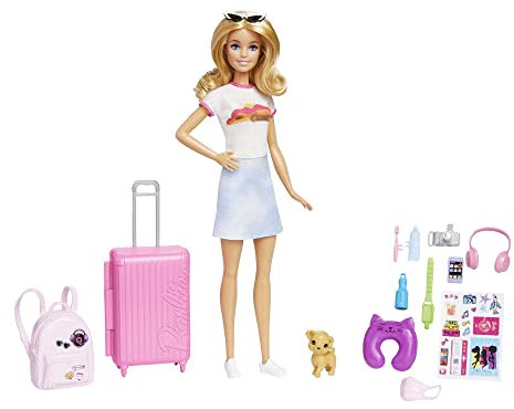 Barbie Vámonos de Viaje Malibú 2.0 Muñeca Rubia con Maleta, Perrito Mascota, Pegatinas y Accesorios de Viaje, Juguete de Regalo +3 años (Mattel HJY18)
