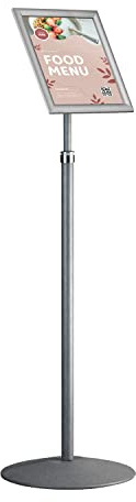 EUROPEL Infoständer verstellbar, mit Klapprahmen A4 aus eloxiertem Aluminium, Sockel Ø360mm mit Bodenplatte aus Stahl, Ständer verstellbar in verschiedenen Höhen zwischen 100-140 cm, Farbe Grau Silber