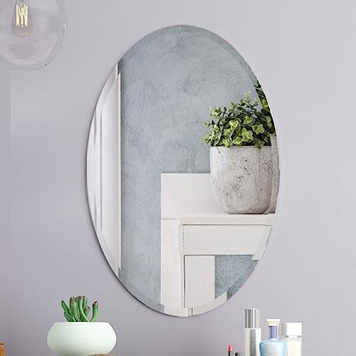 Warmiehomy Oval Bathroom Mirror Frameless Adhesive or Hanging Wall Mirror 2 in 1 with Bevelled Edge for Bathroom Bedroom Living Room(50 x 70 cm