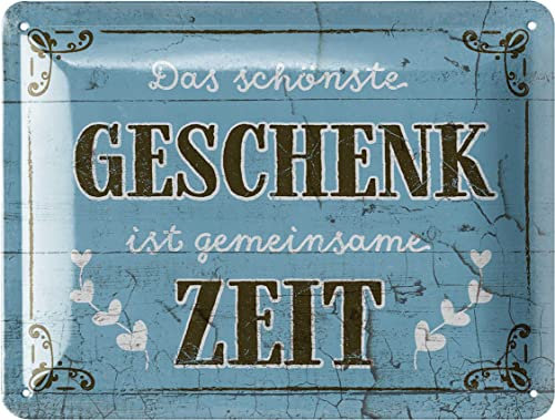 LANOLU Retro Blechschilder DAS SCHÖNSTE GESCHENK IST GEMEINSAME ZEIT vintage Metallschilder mit Sprüchen als Wanddeko für Küche und Garten - Shabby Chic Deko Farmhouse Holz Optik 15x20cm