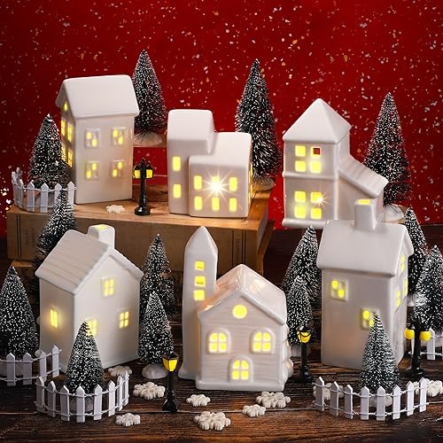 Fovths Weihnachtsdorf-Set, Porzellan, beleuchtet, LED-Weihnachtsdorfhäuser mit Baum, Weihnachtsfiguren, Desktop-Ornament, Winterdorf, Gebäude, Zubehör für Weihnachten, Urlaub, Party, Dekoration, 39