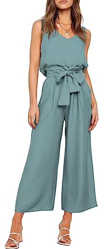 FANCYINN Damen 2 Teiliges Crop Pants Set mit Weitem Bein Wide Strap V-Ausschnitt Tank High Waist Cropped Paper Bag Hose mit Gürtel Haze Blau Oberteil & Hose XL