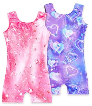 Nokecina Girls Gymnastics Leotards 2 Pack Size 4t 5t Purple Hearts Unitards Bodysuits Pink Stars Sparkly Biketard