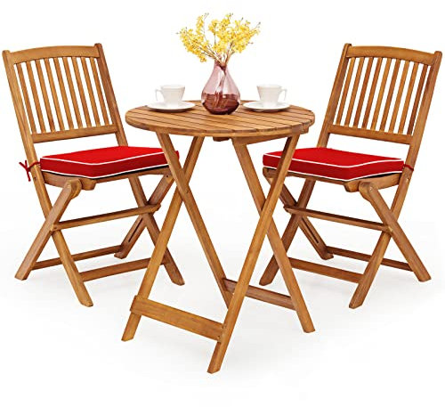 GIANTEX Set di Tavolo e 2 Sedie Pieghevoli in Legno d'Acacia con 2 Cuscini Imbottiti Removibili, Per Esterno, Patio, Giardino e Balcone (Rosso)