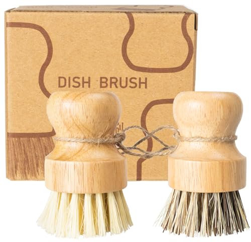 Nokiils Runde Holz-Spülbürste, Naturfaser-Scheuerbürsten-Set, langlebige Schrubber Reinigungswerkzeuge für die Reinigung von Gemüse, Töpfen und Pfannen, 2 Stück