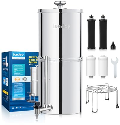 IceJoy Système de filtre à eau alimenté par gravité, système en acier inoxydable de 10 litres avec 3 filtres à charbon et 3 filtres au fluor, robinet de niveau d'eau en métal, réduit le chlore, série