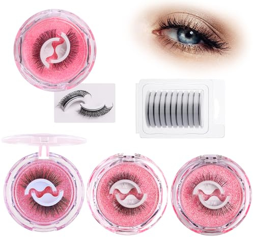 Pre Glued False Eyelashes 4 Pairs – Individually Boxed Self Adhesive Strip Lashes (2 Wispy C Curl & 2 Voluminous C & D Curl), Reusable Fake Eyelashes with 14 Spare Adhesive Strips, No Glue Needed