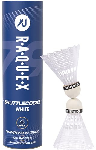 Raquex-badmintonbollar i nylon – Rör med 6 naturliga fjäderbollar av naturkork – Tre hastigheter – Vita eller gula fjäderbollar, inomhus utomhus hållbara badmintonbollar