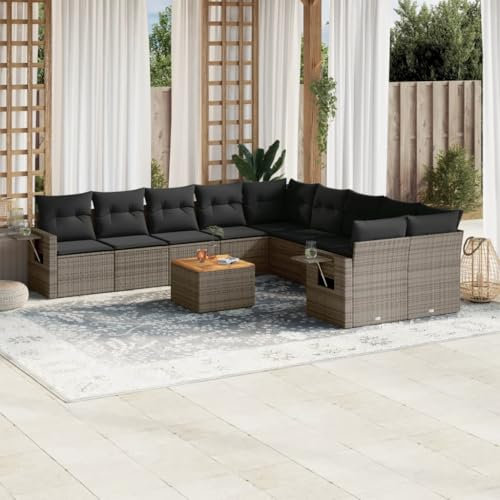 THOYTOUI 11-TLG. Garten-Sofagarnitur, Gartengarnitur Set Balkon möbel Set Balkon Lounge Biergartengarnitur Geeignet für Terrasse Garten Veranda Balkon mit Kissen Grau Poly Rattan