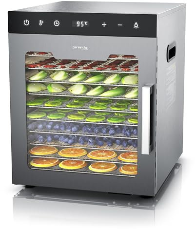 Arendo - Dörrautomat Edelstahl mit 10 Edelstahlgitter - 800 W - 35°-85°C - 10 Edelstahl Einlegetabletts mit insgesamt 8400 cm² - Dörrgerät Dehydrator Obsttrockner Dörrapparat - Obst Fleisch Pilze uvm