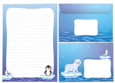 JuNa-Expe​​rten Briefpapier-Set Pinguin & Tiere für Mädchen und Jungen – Liniertes A5 Briefblock mit 25 Blättern + 15 Umschläge, Briefbögen für kreative Schreibprojekte und Einladungen