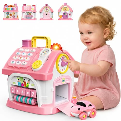 Spielzeug für 1 Jahre alte Mädchen: Montessori-Spielzeug für 1 Jahr alt, 6 in 1 Multi-Funktions-Haus Baby-Spielzeug mit Musik/Uhr/Licht/Telefon, Geburtstagsgeschenke für 1 2 Jahre alte Mädchen