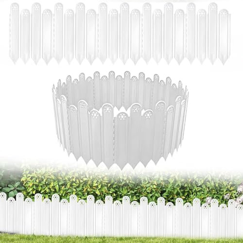 ACESOME 10 Stück Kunststoff Kanten Garten Lattenzaun Dekorative Gartenzäune Paneele Garten Lattenzaun Kanten Rasen Blumenbeete Pflanzenränder Für Garten Rasen Wege (Weiß, H: 22-25 cm, L:2M)