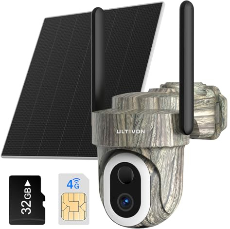 Ultivon 4G Akku Überwachungskamera Aussen mit SIM Karte Vorinstalliert, LTE Überwachungskamera mit Bewegungsmelder, 2K PTZ IP Kamera Outdoor mit Farb-Nachtsicht, Solarpanel, IP66 Wasserdicht