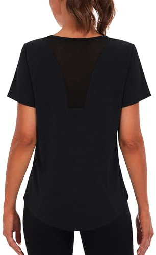 Terecey Laufshirt Frauen Sport T-Shirts Lässig Feuchtigkeitsableitend Mit Netz-Design UV Schutzkleidung Sommer Laufen Athletisch,Schwarz XL